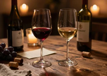 Dos copas de vino tinto y blanco sobre mesa de madera con velas, botellas descorchadas y uvas negras en mantel de lino
