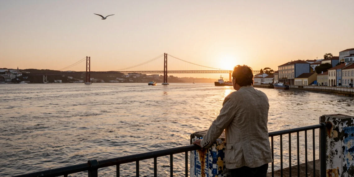 Hombre contemplando el estuario del río Tajo desde el paseo marítimo de Lisboa al atardecer, con el puente al fondo