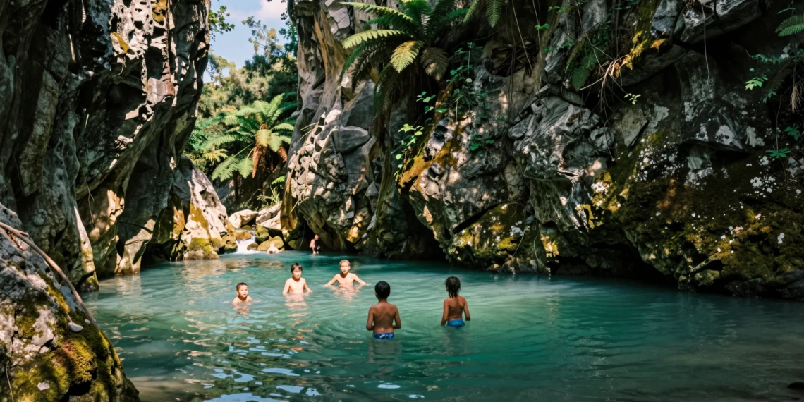 Grupo de personas refrescándose en una poza natural de agua turquesa en un estrecho cañón de roca caliza en Cataluña