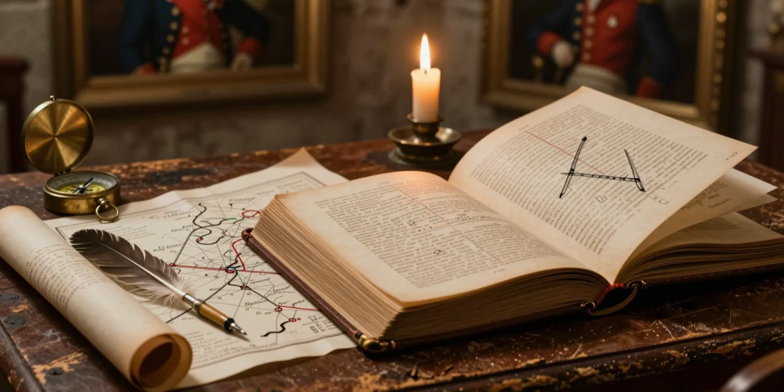 Tratado militar del siglo XVIII abierto sobre un escritorio de roble con mapa táctico, pluma, compás y vela encendida