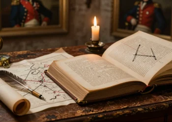 Tratado militar del siglo XVIII abierto sobre un escritorio de roble con mapa táctico, pluma, compás y vela encendida