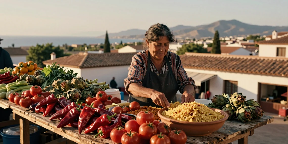 Mercado al aire libre en Murcia con pimientos, tomates, alcachofas y arroz de Calasparra sobre mesa de madera rústica
