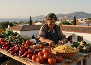 Mercado al aire libre en Murcia con pimientos, tomates, alcachofas y arroz de Calasparra sobre mesa de madera rústica