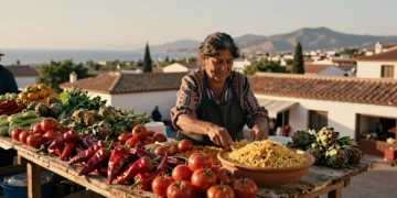 Mercado al aire libre en Murcia con pimientos, tomates, alcachofas y arroz de Calasparra sobre mesa de madera rústica