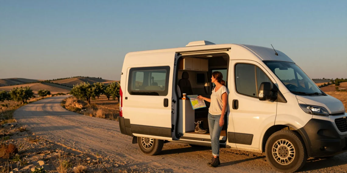 Mujer viajera junto a su autocaravana blanca en una carretera rural de España al atardecer, con paisaje de olivares al fondo