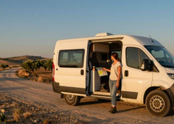 Mujer viajera junto a su autocaravana blanca en una carretera rural de España al atardecer, con paisaje de olivares al fondo