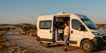 Mujer viajera junto a su autocaravana blanca en una carretera rural de España al atardecer, con paisaje de olivares al fondo