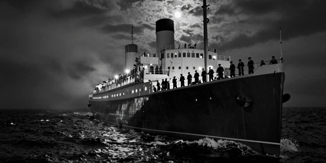 Transatlántico en el Atlántico de noche con figuras silueteadas en cubierta, evocando el secuestro del Santa María en 1961