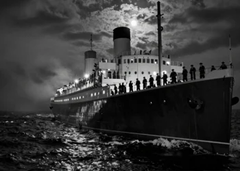 Transatlántico en el Atlántico de noche con figuras silueteadas en cubierta, evocando el secuestro del Santa María en 1961