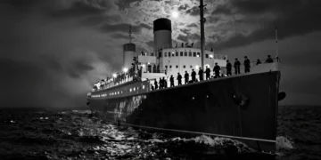 Transatlántico en el Atlántico de noche con figuras silueteadas en cubierta, evocando el secuestro del Santa María en 1961