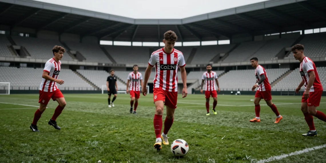 Nikita Iosifov, defensa central del Sporting de Gijón, en acción durante un amistoso de pretemporada en Vigo
