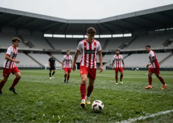 Nikita Iosifov, defensa central del Sporting de Gijón, en acción durante un amistoso de pretemporada en Vigo