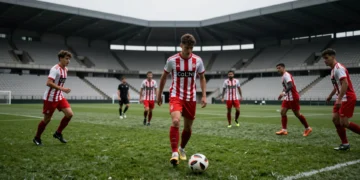 Nikita Iosifov, defensa central del Sporting de Gijón, en acción durante un amistoso de pretemporada en Vigo