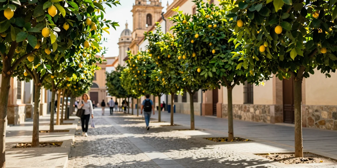 Calle peatonal de Murcia con limoneros jóvenes plantados donde antes había bolardos, peatones bajo follaje cítrico