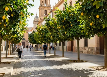 Calle peatonal de Murcia con limoneros jóvenes plantados donde antes había bolardos, peatones bajo follaje cítrico