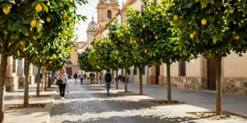 Calle peatonal de Murcia con limoneros jóvenes plantados donde antes había bolardos, peatones bajo follaje cítrico