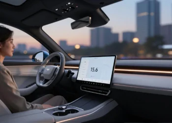 Interior del Omoda 7 SHS con pantalla táctil giratoria de 15,6 pulgadas en un SUV premium con iluminación LED ambiental