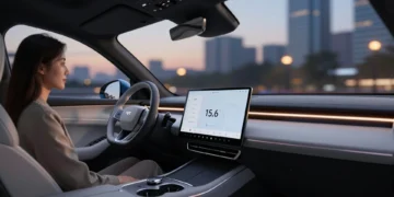 Interior del Omoda 7 SHS con pantalla táctil giratoria de 15,6 pulgadas en un SUV premium con iluminación LED ambiental