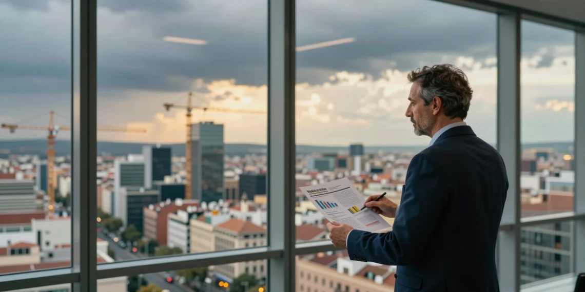 Analista económico en torre de oficinas de Madrid observa el skyline financiero bajo un cielo mitad tormentoso, mitad soleado