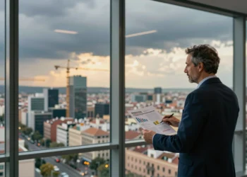 Analista económico en torre de oficinas de Madrid observa el skyline financiero bajo un cielo mitad tormentoso, mitad soleado