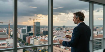 Analista económico en torre de oficinas de Madrid observa el skyline financiero bajo un cielo mitad tormentoso, mitad soleado