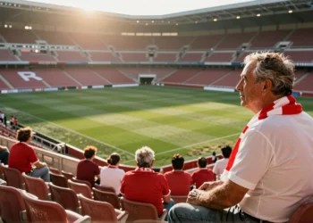 Aficionado del Sporting de Gijón con bufanda roja y blanca en las gradas vacías del estadio evocando el Trofeo Villa de Gijón