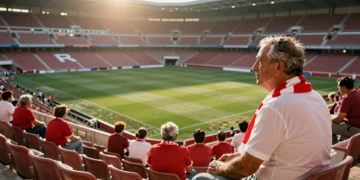 Aficionado del Sporting de Gijón con bufanda roja y blanca en las gradas vacías del estadio evocando el Trofeo Villa de Gijón