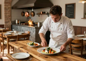 Chef murciano emplatando cocina de mercado en La Bodeguita de Javi Gracia, restaurante rústico con paredes de ladrillo visto
