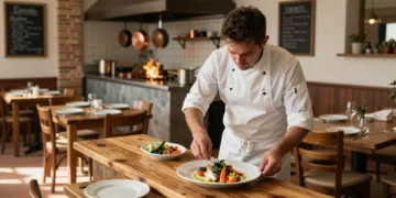 Chef murciano emplatando cocina de mercado en La Bodeguita de Javi Gracia, restaurante rústico con paredes de ladrillo visto