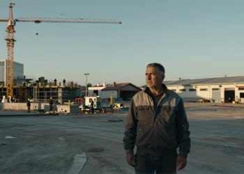 Trabajador español contempla el contraste entre una fábrica moderna activa y un polígono industrial abandonado