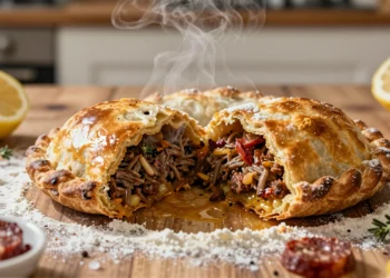 Empanada murciana recién horneada con relleno de cordero y sobrasada, masa dorada crujiente sobre mesa de madera rústica
