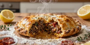 Empanada murciana recién horneada con relleno de cordero y sobrasada, masa dorada crujiente sobre mesa de madera rústica