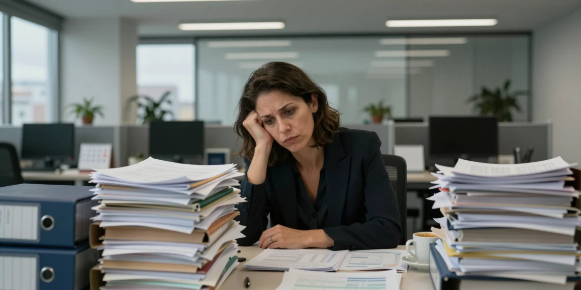 Empresaria española agotada ante montaña de documentos fiscales en oficina corporativa moderna bajo presión tributaria
