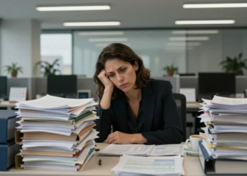 Empresaria española agotada ante montaña de documentos fiscales en oficina corporativa moderna bajo presión tributaria