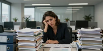 Empresaria española agotada ante montaña de documentos fiscales en oficina corporativa moderna bajo presión tributaria
