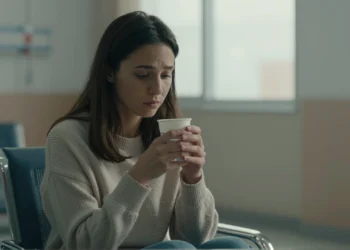 Mujer joven sola en sala de espera de hospital, sosteniendo un vaso de agua con expresión de esperanza y determinación