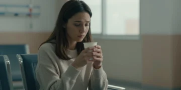 Mujer joven sola en sala de espera de hospital, sosteniendo un vaso de agua con expresión de esperanza y determinación