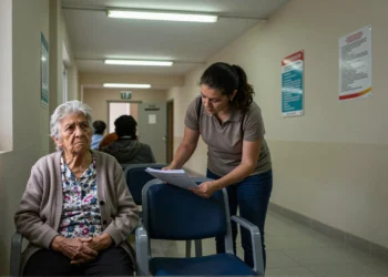 Mujer mayor y cuidadora esperan en sala de servicios sociales españoles con documentos de dependencia