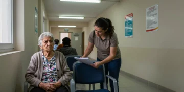 Mujer mayor y cuidadora esperan en sala de servicios sociales españoles con documentos de dependencia