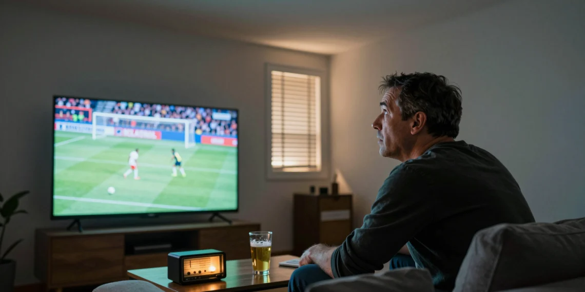 Hombre confundido en su salón mirando el partido por TV mientras su vecino celebra el gol de España antes que él