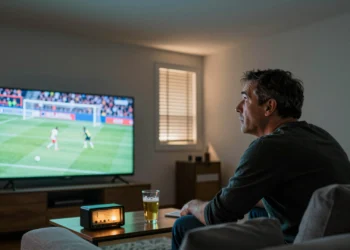 Hombre confundido en su salón mirando el partido por TV mientras su vecino celebra el gol de España antes que él