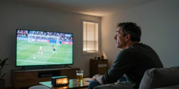 Hombre confundido en su salón mirando el partido por TV mientras su vecino celebra el gol de España antes que él
