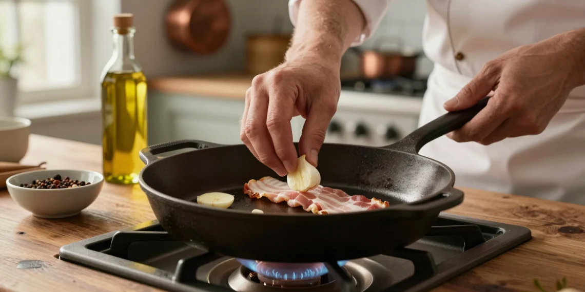 Chef colocando ajo y bacon en sartén de hierro fundido fría sobre encimera de madera, técnica de inicio en frío