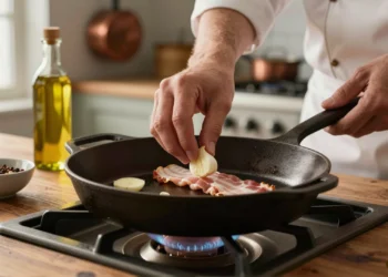 Chef colocando ajo y bacon en sartén de hierro fundido fría sobre encimera de madera, técnica de inicio en frío