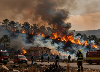 Incendio forestal en Teruel con llamas consumiendo pinar, bomberos y vehículos de emergencia en carretera de montaña
