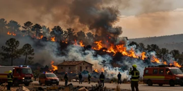 Incendio forestal en Teruel con llamas consumiendo pinar, bomberos y vehículos de emergencia en carretera de montaña