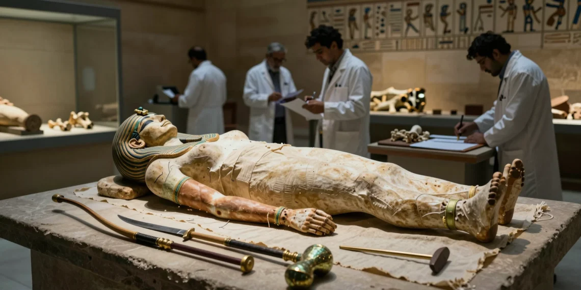Momia femenina egipcia con huesos robustos y armas antiguas en laboratorio de conservación de museo
