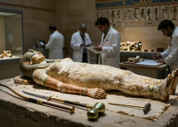 Momia femenina egipcia con huesos robustos y armas antiguas en laboratorio de conservación de museo