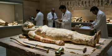 Momia femenina egipcia con huesos robustos y armas antiguas en laboratorio de conservación de museo