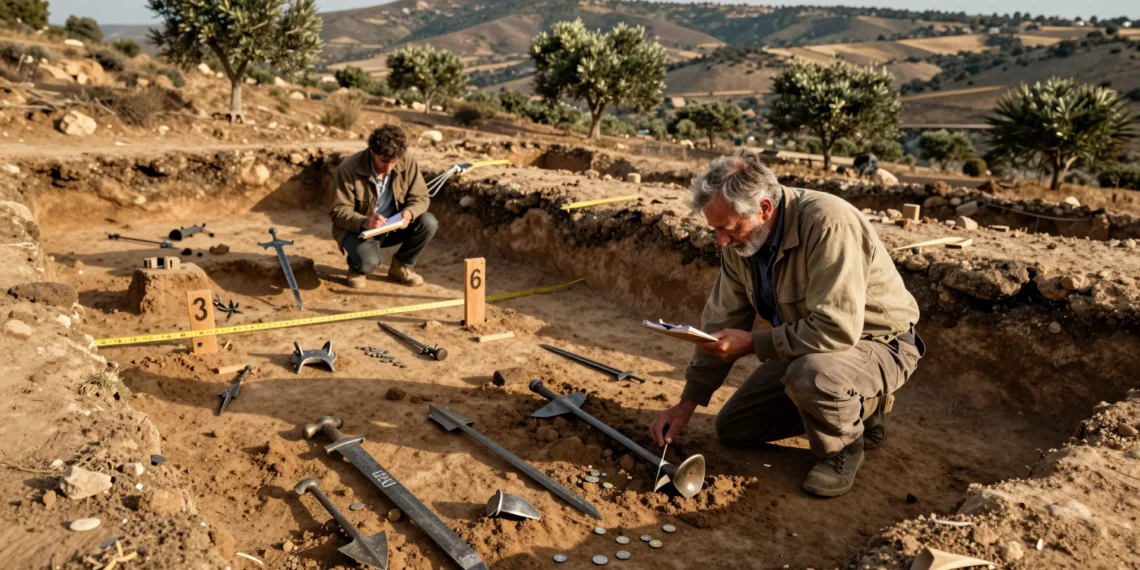 Arqueólogo excavando artefactos metálicos antiguos en un yacimiento de batalla en España bajo luz mediterránea